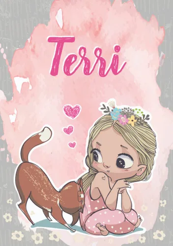 Terri Notebook A5 Personalized name Terri Birthday gift for women, girl, mom, sister, daughter ... Cute little girl with cat 120 lined pages