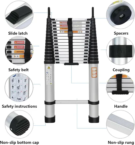 Vista 3 de Escalera telescópica de extensión de aluminio de 20 pies con 2 ganchos de techo desmontables (2.8 pulgadas), escalera de caravana, escalera