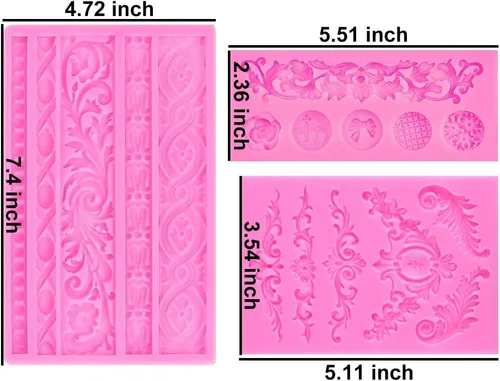 Vista 5 de Molde de silicona para fondant de encaje de volutas de estilo barroco, estilo barroco, 3 piezas, para decoración de pasteles, horneado, arcilla