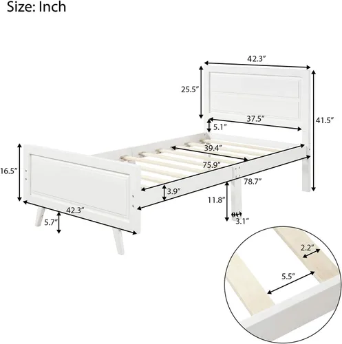 Vista 8 de SOFTSEA Cama de plataforma de tamaño individual con cabecero y estribo, marco de cama de madera maciza con soporte de listones de madera, marco