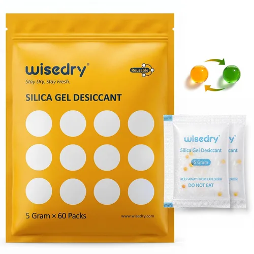 Wisedry 5 Gram [60 Paquetes] Bolsas de Gel de Sílice de Grado Alimentario Recargables Deshumidificadores Desecantes con Cuentas Indicadoras de Color