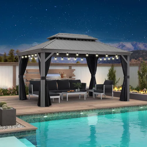 Vista 39 de PURPLE LEAF - Glorieta de 10 x 12 pies con techo rígido de aluminio, techo doble de metal resistente, pabellón permanente para patio, terraza