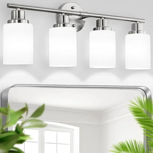 Vista 17 de Lámparas de baño E26 de 2 luces, modernas luces de tocador de níquel cepillado para baño con pantalla de vidrio transparente, espejo, cocina