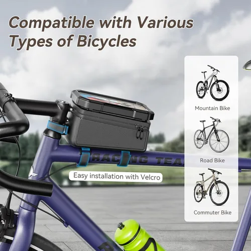 Vista 11 de KDD Bolsa de marco frontal para bicicleta con soporte impermeable para teléfono, bolsa de almacenamiento de ciclismo de montaña, bolsa de manillar