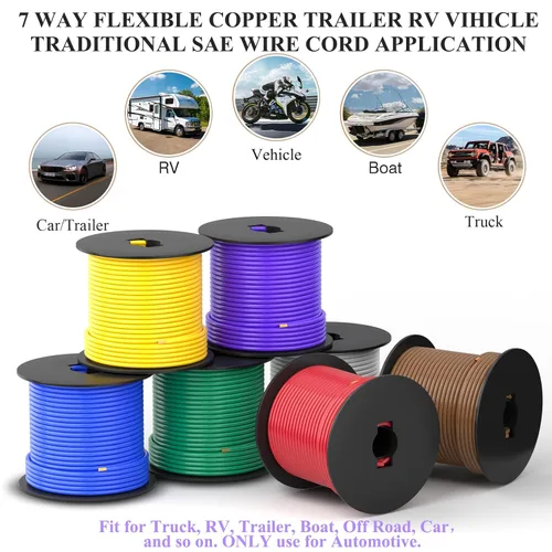 Vista 7 de Arnés de cableado de remolque de 7 vías, calibre 14, carretes de alambre primario SAE tradicional de bajo voltaje CCA para cableado de remolque