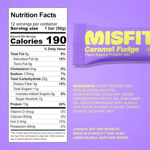 Vista 2 de Misfits Barras de proteínas veganas, paquete de chips de chocolate con caramelo y menta, paquete de 24