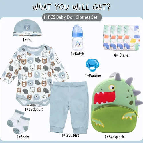 Vista 6 de 11 piezas de ropa de muñeca Reborn con mochila para muñecas Reborn de 17 a 22 pulgadas, accesorios de ropa para niños, juego de pañales de dinosaurio