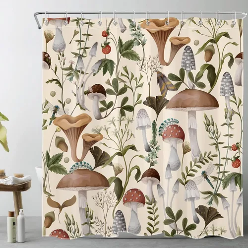 Vista 17 de HVEST 70s Mushroom Shower Curtain, Various Mushrooms and Leaves on Beige Background Bathroom Curtain with Hooks, Vintage Plant Bath Polyester Fabric