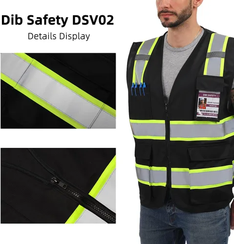 Vista 4 de Dib Safety Chaleco reflectante de alta visibilidad con bolsillos y cremallera, negro con ribete amarillo, talla S