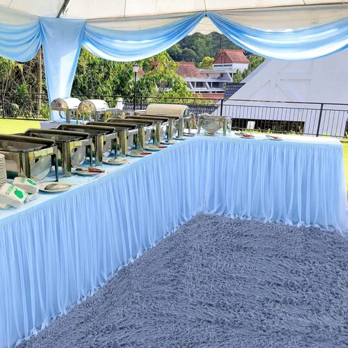 Vista 5 de Suppromo Pack de 2 faldas de mesa de tul azul de 6 pies para mesas rectangulares o redondas, mantel de tul azul para baby shower, cumpleaños