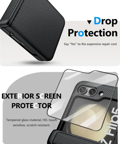 Vista 4 de Vihibii Funda para Samsung Galaxy Z Flip 5 con protección de bisagra y protector de pantalla exterior, delgada y ajustada, textura elegante, Negro