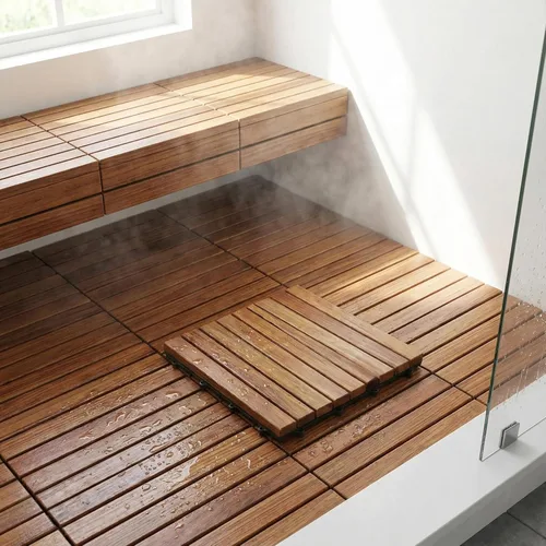 Vista 2 de Bare Decor EZ-Floor en madera maciza de teca, 1 baldosa solamente, listones largos