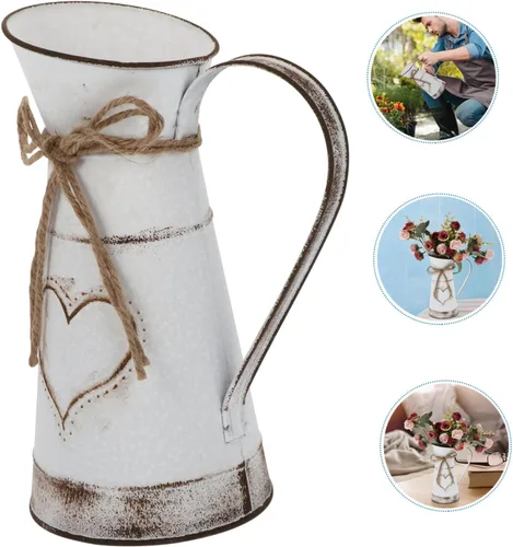 Vista 5 de BESTOYARD Florero francés vintage, jarrón de hierro, jarrón alto galvanizado, pequeño jarrón de estaño, maceta de mesa, maceta rústica con arreglo