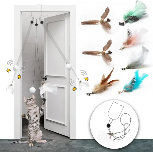 Juguetes retráctiles de plumas para gatos, 7 piezas de repuesto con campana, juguetes interactivos para colgar en la puerta, juguetes para gatos de