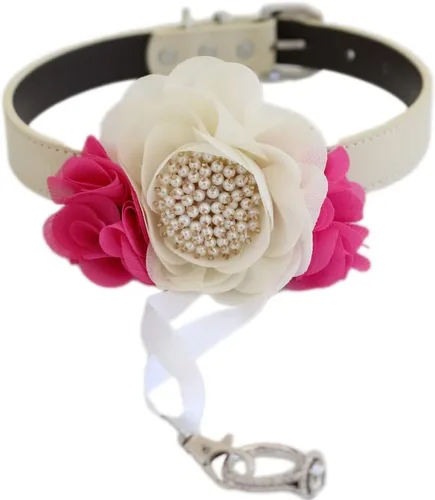 Hot pink Ivory pearl beaded flower collar, dog ring bearer proposal XS XXL collar, handmade dog lover gift, puppy girl dog collar