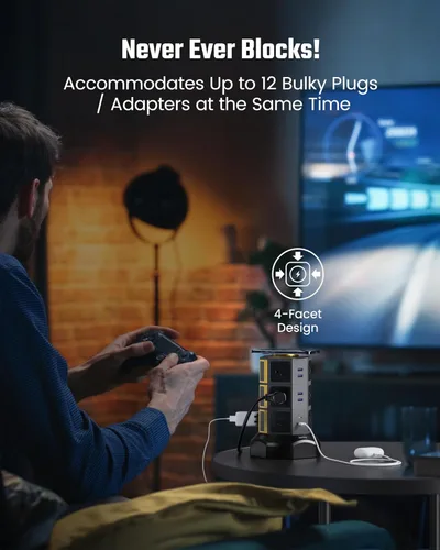 Vista 7 de SUPERDANNY - Regleta de alimentación con protección contra sobretensiones, estación de carga de escritorio, cable de extensión de 10 pies, 9 tomas