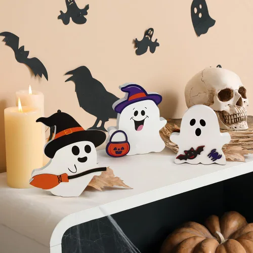 Vista 4 de AKEROCK Bonitas decoraciones de Halloween para interiores – Decoración de Halloween/decoración de fantasma, 4 letreros de madera de fantasma