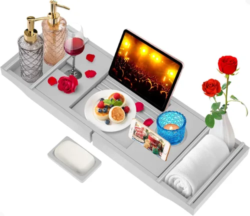 Bandeja de bambú para bañera (no plegable, gris)