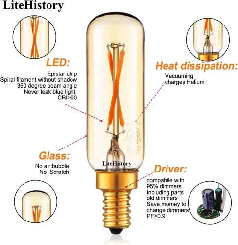 Vista 5 de LiteHistory Bombilla LED T6 regulable de 25 W, candelabro LED 2200 K, ámbar, 120 lm, 2 W, e12 T25, paquete de 6 bombillas