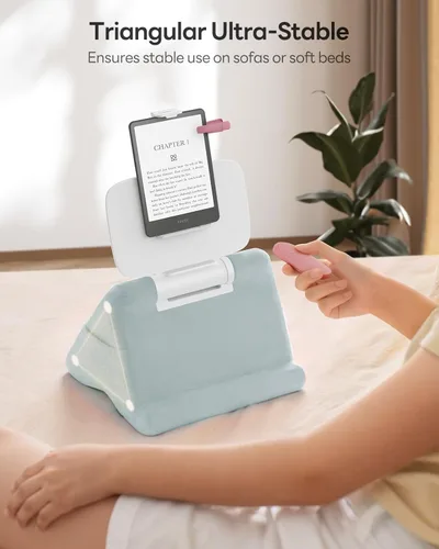 Vista 4 de SAIJI Soporte de almohada para tablet iPad mini soporte para Kindle para regazo en la cama, con elevador y clip multifunción ajustable en ángulo Azul