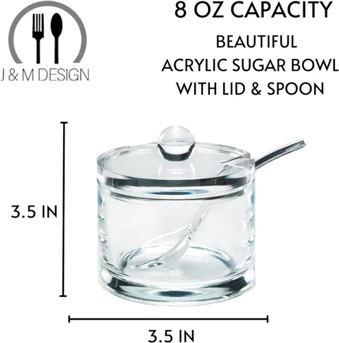 Vista 2 de J&M DESIGN Azucarero de acrílico transparente con tapa y cuchara para accesorios de cafetería, cuencos de cereales, té, recipientes de encimera