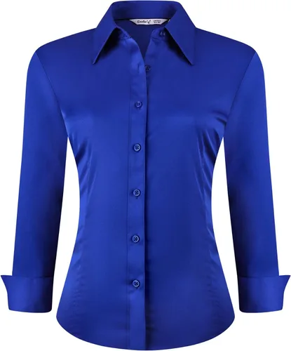 Vista 7 de WARHORSEE Camisa de botones de manga larga para mujer, camisas de vestir de trabajo, cuello en V, de fácil cuidado, elásticas, blusas casuales