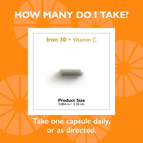Vista 4 de Suplemento de hierro con vitamina C, 30 mg de hierro, 60 mg de vitamina C, vitaminas bariátricas para pacientes con WLS, manga vertical y cirugía