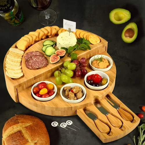 Vista 9 de Picnic at Ascot Deluxe Custom Engraved Bamboo Cheese/Charcuterie Board with Accessories - Innovative Patented Design - Quality Assured in The USA
