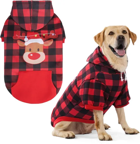Vista 13 de EXPAWLORER Sudadera con capucha para perro a cuadros, estilo británico, suéter cálido para perro con agujero para correa, ropa de pitbull, ropa