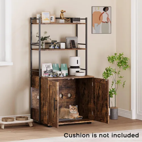 Vista 4 de GAOMON Caja de arena para gatos 2 en 1 con 3 estantes y puerta, color marrón