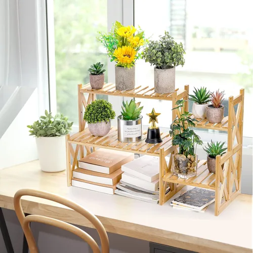 Vista 5 de Lawei Soporte de bambú de 2 niveles para plantas de mesa, soporte ajustable para macetas, soporte de exhibición para macetas, estante pequeño