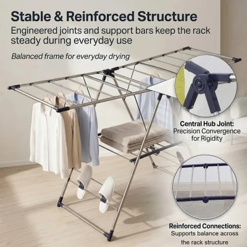 Vista 3 de EZHOME - Estante grande plegable para lavandería, resistente, plegable, ahorro de espacio, acero inoxidable, interior/exterior