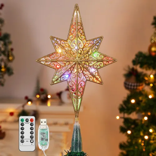 Vista 9 de Lewondr - Estrella para punta de árbol de Navidad de 15.35 pulgadas, 20 luces LED, USB y control remoto, diseño de estrella de Belén Polaris