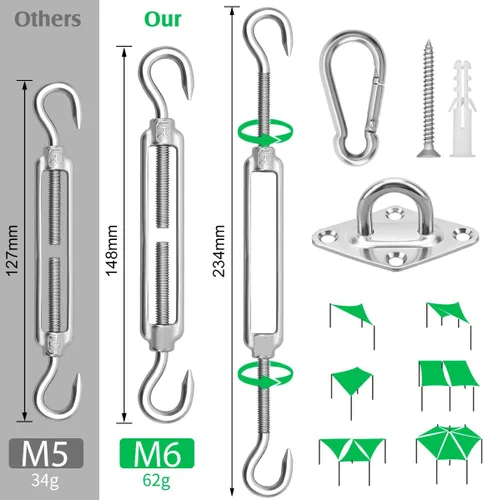 Vista 2 de Kit de accesorios para toldo – Kit de instalación de toldos de acero inoxidable 304 de 6 pulgadas para instalar toldos rectangulares y triangulares