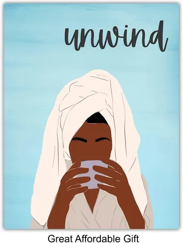 Vista 6 de Relax Soak Unwind Wall Art - Light Blue Bathroom Decorations Set - Afro Black Art - African American Women - Abstract Minimalist Mid Century Modern