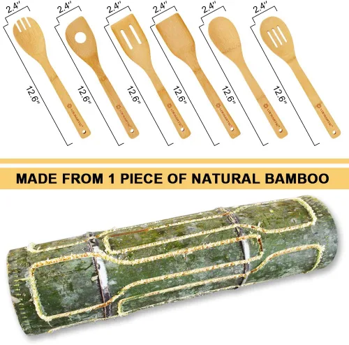 Vista 6 de Cucharas de madera para cocinar, juego de utensilios de cocina, 6 cucharas de madera de bambú y espátula utensilios de cocina