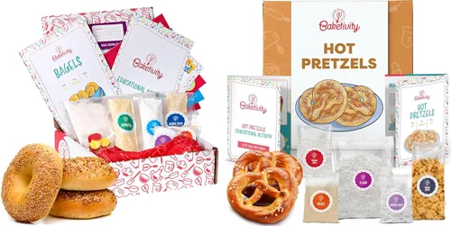 Baketivity Paquete de kit de horneado de pretzel y bagel – Divertido juego de cocina para niños con ingredientes Kosher previamente medidos,