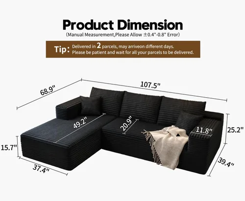 Vista 3 de Sofá seccional modular Cloud de 107.5 pulgadas con chaise en forma de L, sofás tapizados modernos minimalistas para sala de estar y dormitorio, sofá
