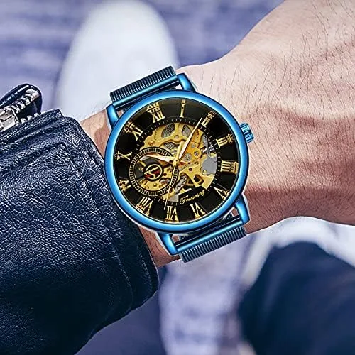 Vista 5 de Dentily Reloj de esqueleto para hombre clásico con número romano Steampunk Reloj mecánico Relojes de viento para hombre (azul)