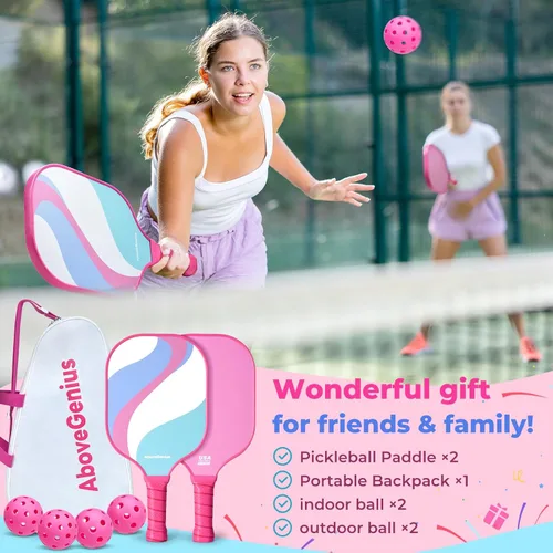 Vista 6 de AboveGenius USAPA - Juego de 2 palas de pickleball rosadas, juego estándar de bolas de fibra de vidrio con 2 bonitas raquetas de pickleball ligeras