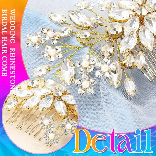 Vista 3 de Unsutuo Peine de pelo de novia de cristal con diamantes de imitación plateados, piezas de pelo de novia, accesorios para el cabello de boda