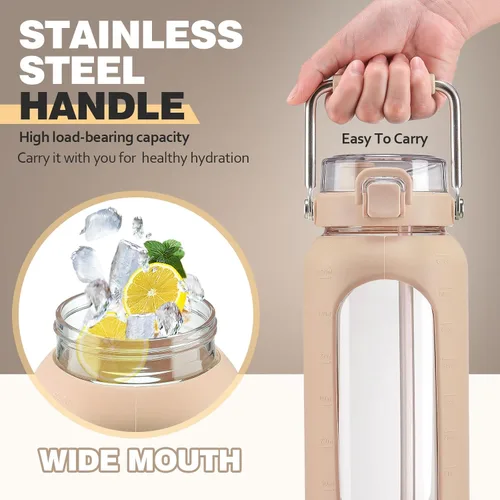 Vista 7 de BLUEGO Botella de agua de vidrio de 64 onzas con mango de acero inoxidable, botella de agua grande con marcadores de tiempo y funda de silicona