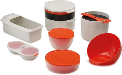 Vista 10 de Joseph Joseph M-Cuisine - Juego de cocina apilable para microondas, 4 piezas, olla de 2 litros, vaporera, plancha y tapa, naranja/beige