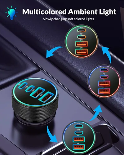 Vista 8 de Cargador de Coche USB C, Cargador de Teléfono de Coche de 4 Puertos 90W de Carga Súper Rápida Accesorios de Cargador de Coche Dual USB-C y USB-A