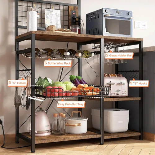 Vista 3 de EnHomee Estante para panaderos con toma de corriente, estantes para panaderos para cocinas con almacenamiento de cocina, estante para panaderos