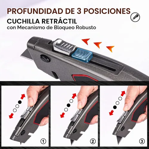 Vista 5 de HAUTMEC Cuchillo utilitario resistente, cortador de caja de aleación de zinc con bloqueo de 3 posiciones y retráctil automático, cuchillo de trabajo