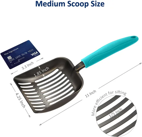 Vista 3 de WePet Cuchara de arena para gatos, tamiz de aleación de aluminio chapado antiadherente, cuchara de metal duradera para gatitos, pala profunda, mango