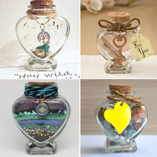 Vista 6 de 3 tarros de vidrio en forma de corazón con tapas de corcho, recipiente lindo de 2.7 onzas, 2.5 x 1.68 x 2.95 pulgadas, botellas de vidrio pequeñas