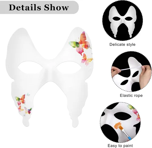 Vista 3 de Elcoho 24 máscaras de papel blanco, máscaras de media cara, máscaras pintadas a mano con pinturas de correa, pinceles, máscara de Mardi Gras