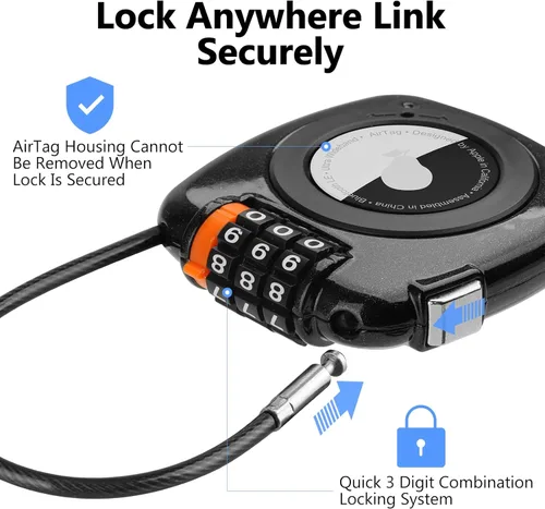 Vista 2 de Compatible con Apple AirTag Secure Lock con cable de alambre, candados de equipaje combinados de 3 dígitos, cuerpo de aleación ultra duradero, funda